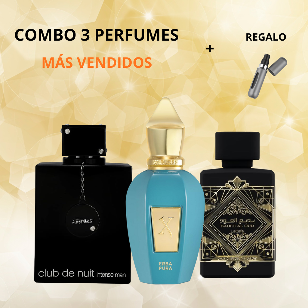 3 Perfumes + Perfumero de Regalo (Erba Pura, Club de Nuit, Oud For Glory)